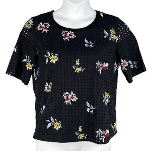 Ann Taylor Womens M Black Eyelet Short Sleeve Floral Embroidered Top Cottagecore